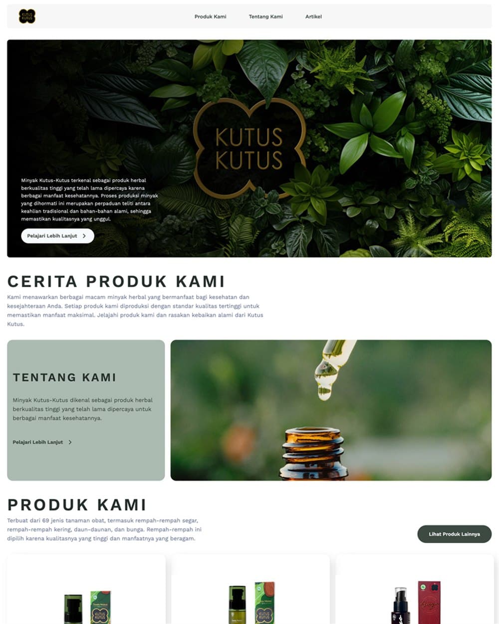 Kutus Kutus website showing the herbal balm oil product range