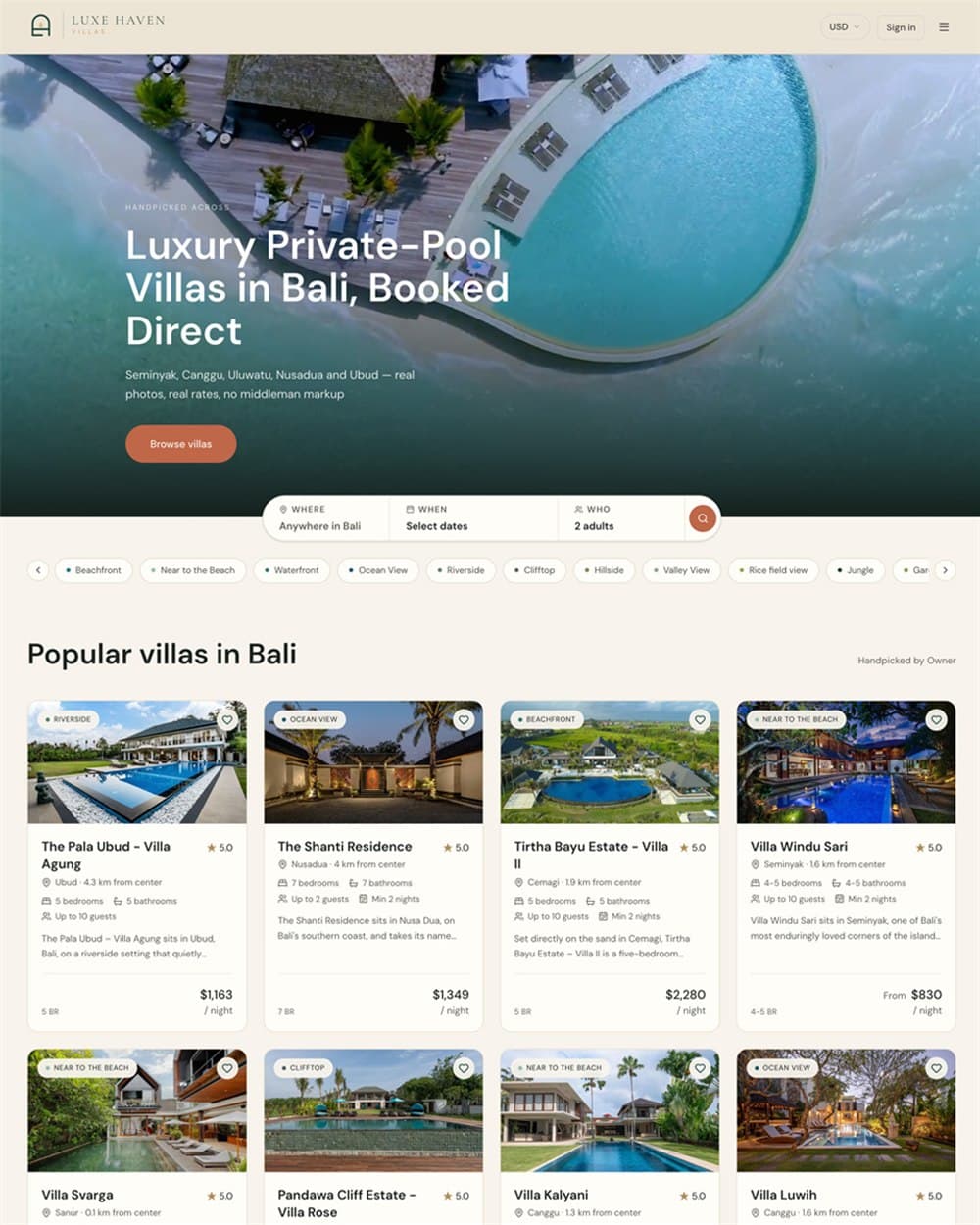 Luxe Haven Villas website showing the villa search and a private-pool villa listing