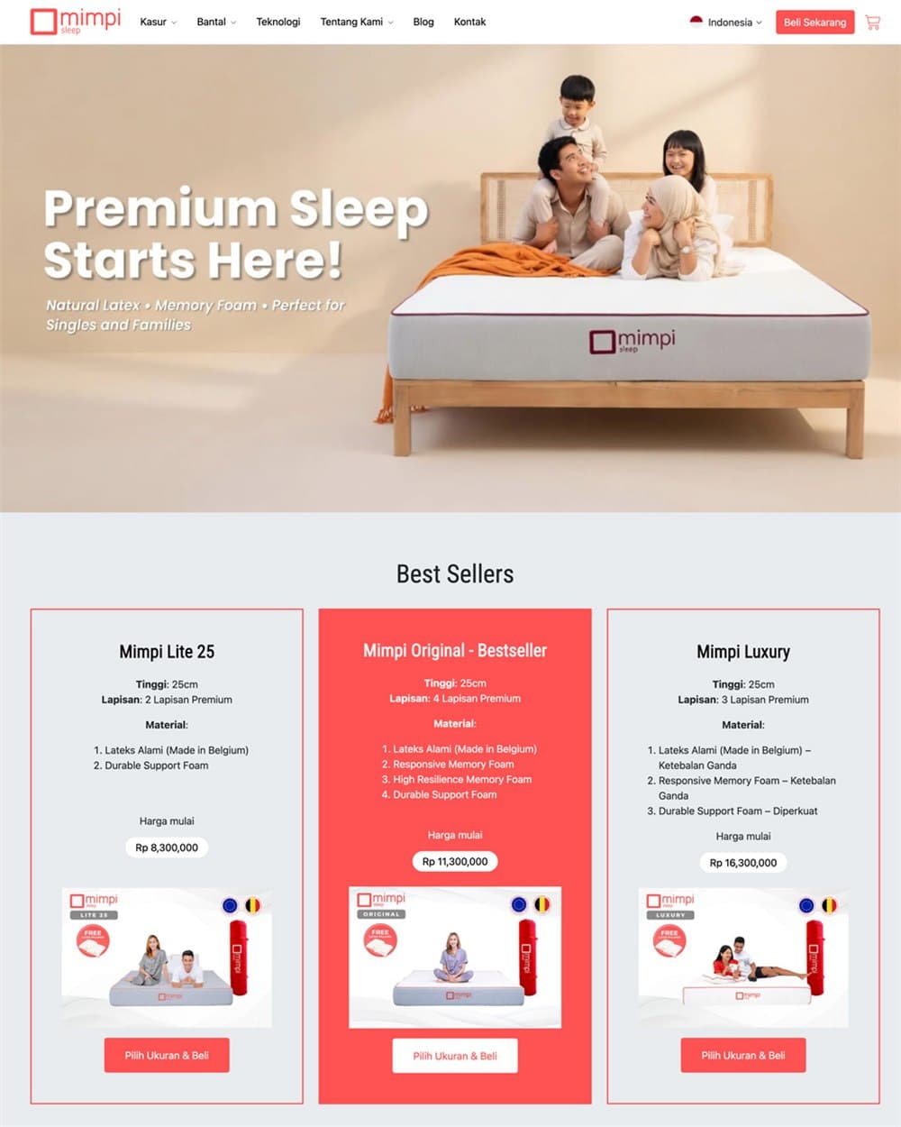 Mimpi Sleep website showing the mattress range and its specifications
