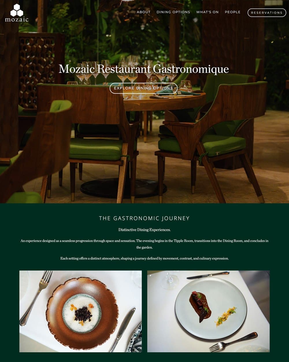 Mozaic Bali restaurant website showing the terrace dining room at dusk